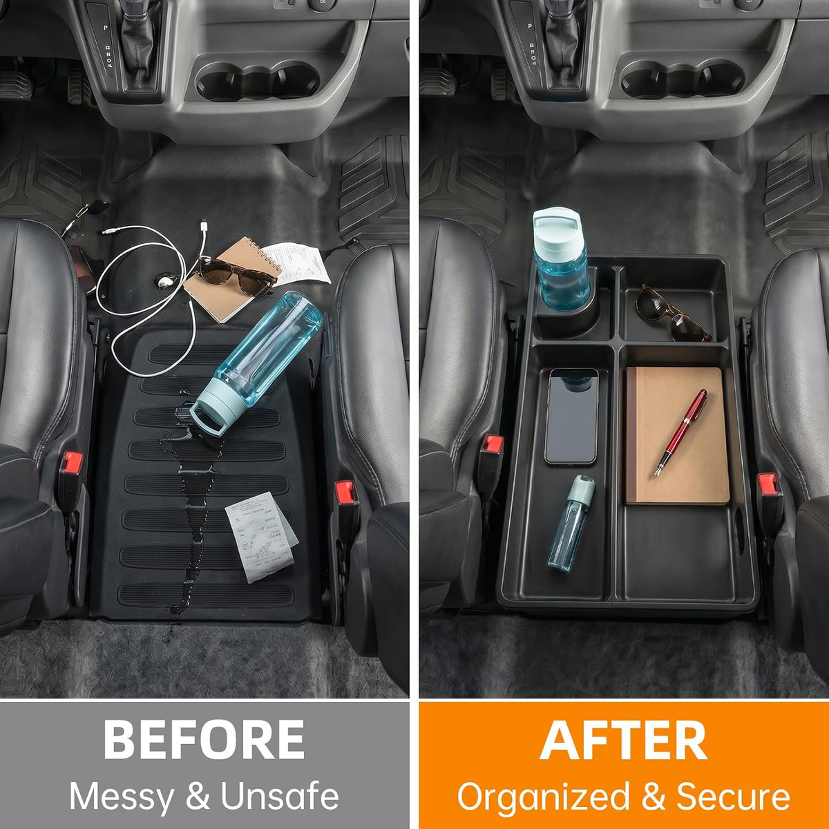 Floor Organizer Compatible with 2021-2026 Ford Transit Center Console Storage Organizer Under Seat Box Bin Cup Holder for Transit Accessories(Not for Transit Connect)