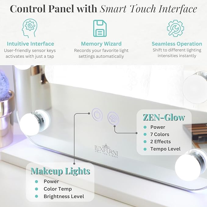 LUXFURNI Vanity Mirror with Lights, Lighted Makeup Mirror with 14 Dimmable Bulbs, Tabletop RGB Color Changing LED Mirror, 3 Color Mode, Touch Control, 20.3" L x 14" W