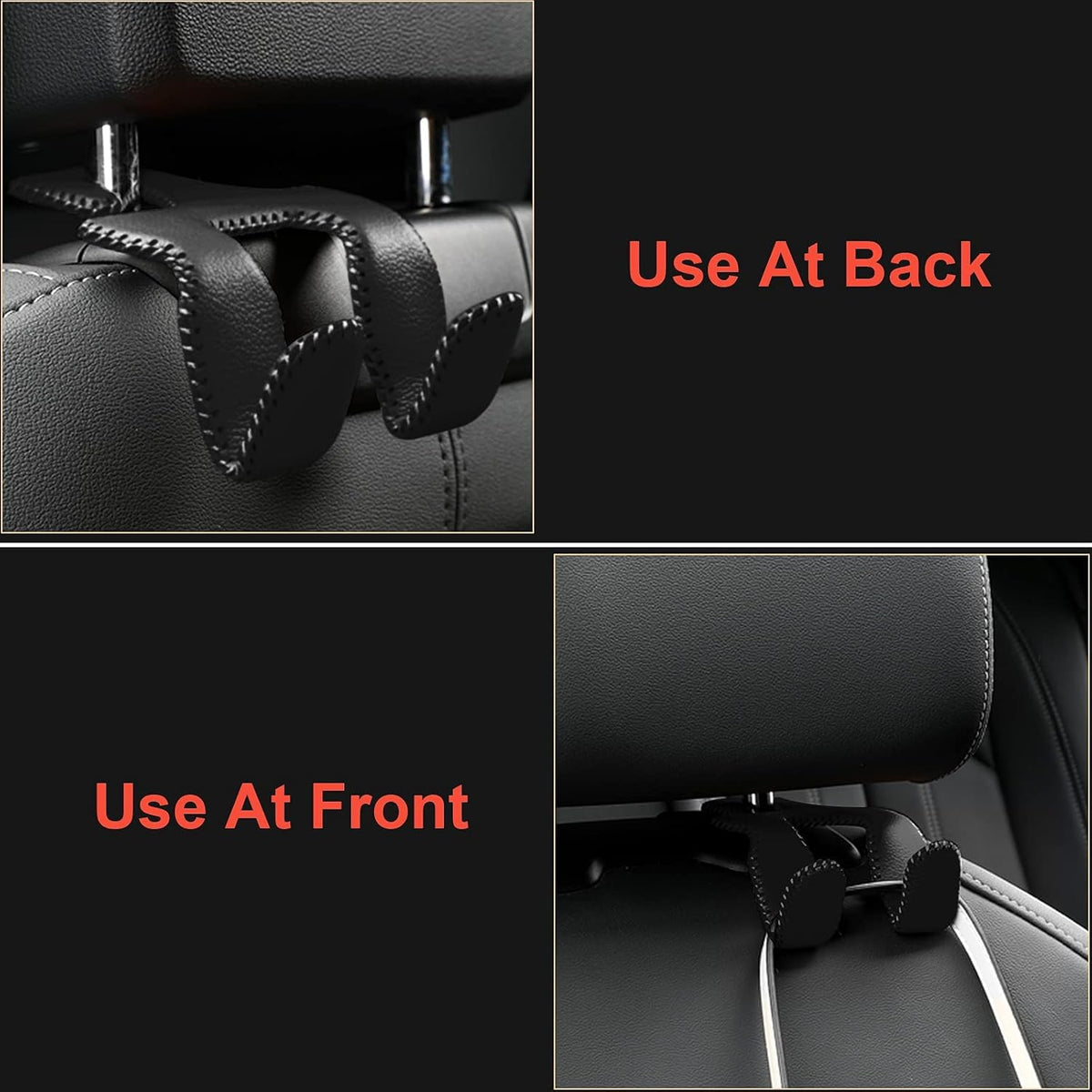 AMVOYOA 【2021 Upgraded】 Car Purse Hook, 2 in 1 Car Seat Headrest Hooks Durable Hanger Storage Holder Leather Organizer for Hanging Grocery Bags, 2 Pack, Black