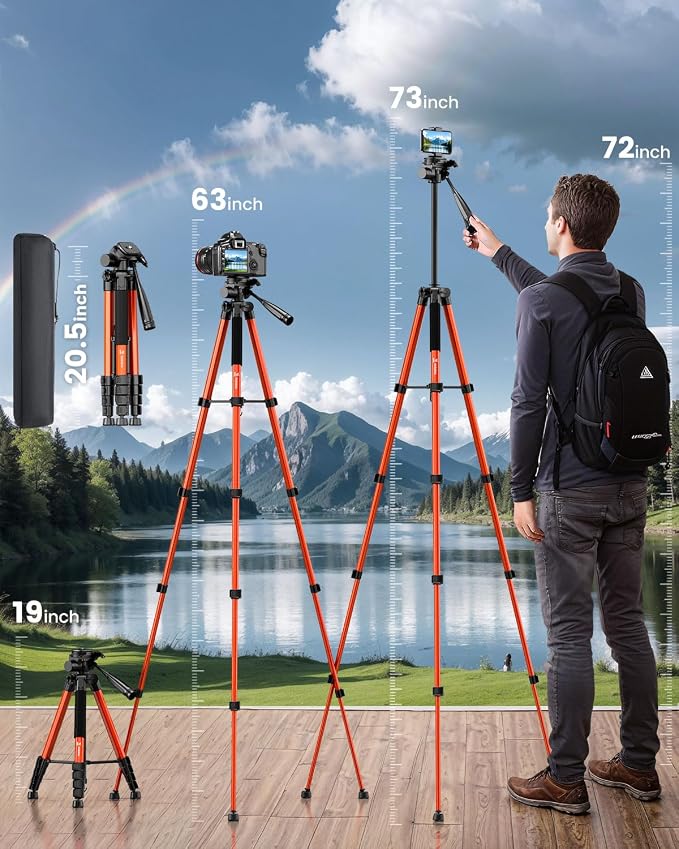 73" Camera Tripod Stand, Aluminum Tripod