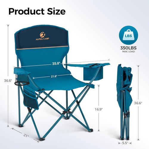 ALPHA CAMP Heavy-Duty Camping Chairs - 350LBS Capacity with Cooler Bag & Cup Holder | Portable Black 2PC Set