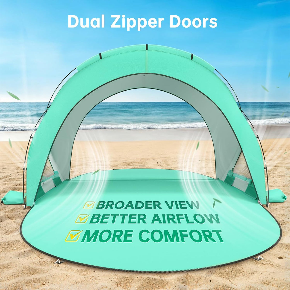 Raynesys Beach Tent - Portable Sun Shelter for 1-3 People | Green Shade with 2 Zippered Doors