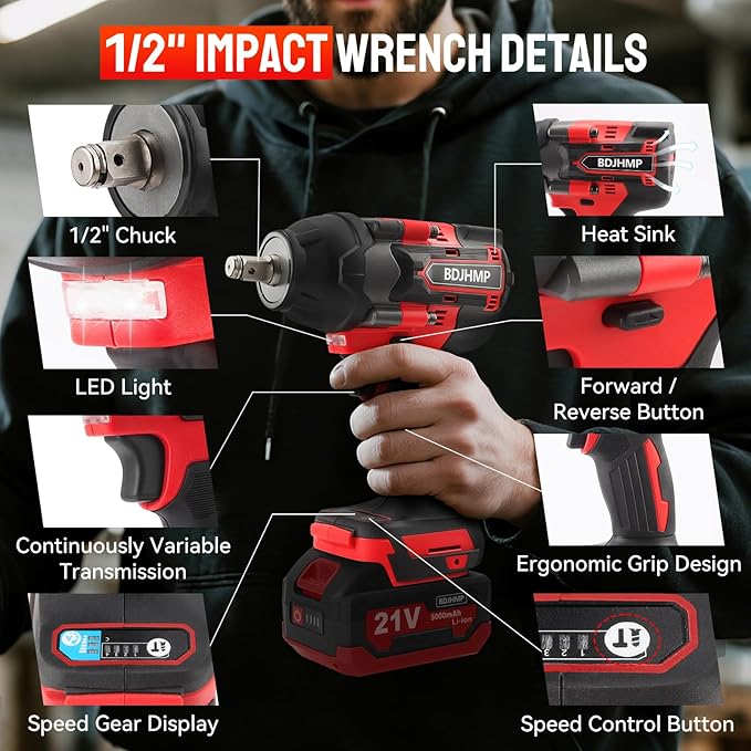 Cordless Impact Wrench 1/2 Inch, 1500 N.m/1106ft-lbs Brushless Impact Gun Compatible with Makita 18V Batteries, 3000RPM Electric Power Impact Driver for Car Home(No Battery)