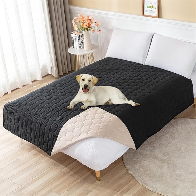 GIBZ Waterproof Dog Bed Cover Anti Slip Pet Furniture Protector Washable Blanket Large Soft Quilted Mat, Black, 220x210cm
