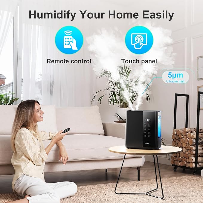 JRD Warm & Cool Mist Humidifiers for Bedroom 5L, Quiet Ultrasonic Air Humidifier Fast Symptom Relief, 50H Runtime, Oil Diffuser, 12H Timer, 7 Color Light for Large Room, Office, Baby, Plants-Black