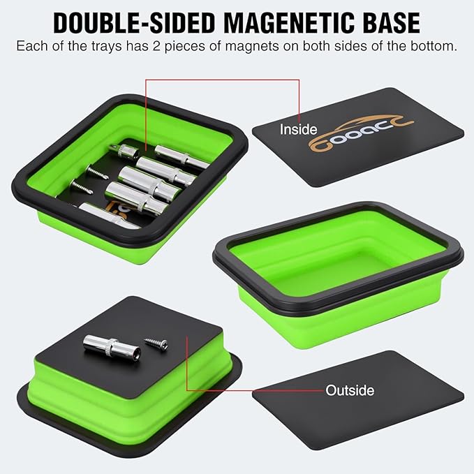 GOOACC 3 Sizes Collapsible Magnetic Parts Tray Set Green Silicone Foldable Tool Trays Organizer for Screws Bolts Nuts Pins Washers and Other Small Metal Parts Double Sided Magnet Base