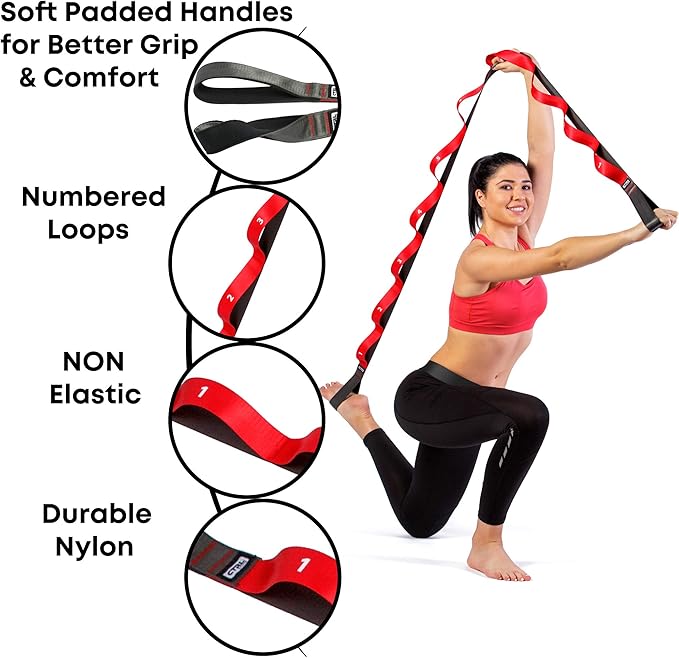 Stretching Strap with Loops - Non Elastic Stretch Band for Physical Therapy, Yoga Strap for Stretching Equipment, Stretch Bands for Exercise and Flexibility - Fascia, Hamstring & Leg Stretcher Belt