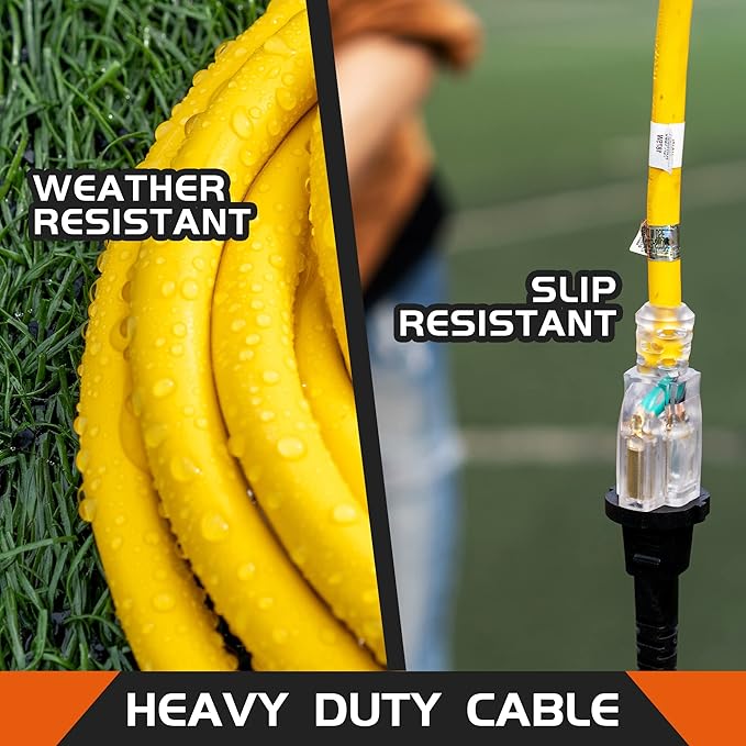 Indoor Outdoor Extension Cord Weatherproof with Lighted End, UL Listed, 12 Gauge 10FT Yellow 3 Prong Heavy Duty, 12/3 SJTW 15A Power Cord for Outdoor Lights, Lawn
