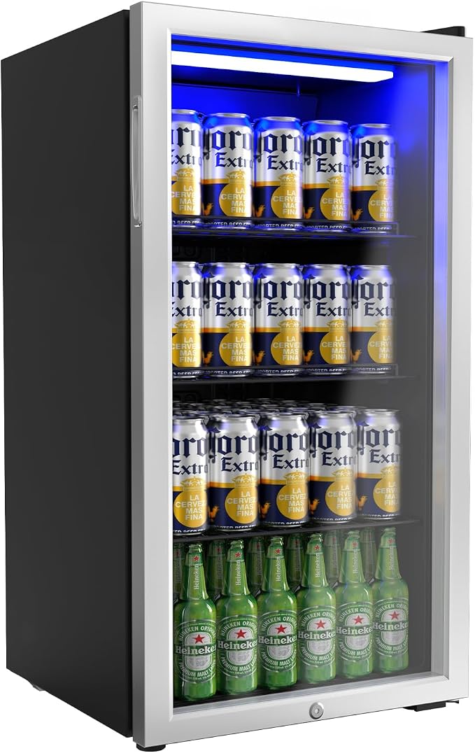 Bonnlo 130 Cans/3.3 Cu.Ft Beverage Refrigerator Cooler with Glass Door & Safety Lock, Quiet Mini Drink Fridge with Adjustable Shelf & Feet, Small Wine Cooler for Bedroom, Bar & Office, 32-50°F, 115V