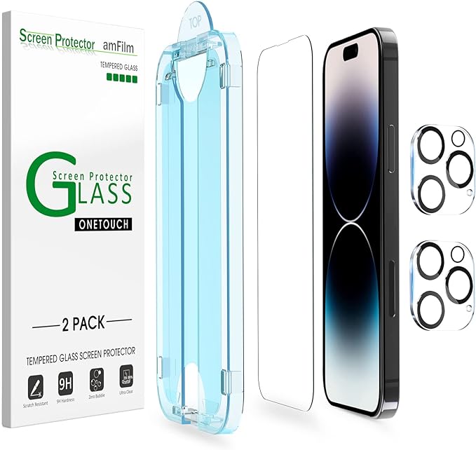 amFilm 2 Pack Tempered Glass Screen Protector + Camera Lens Protector
