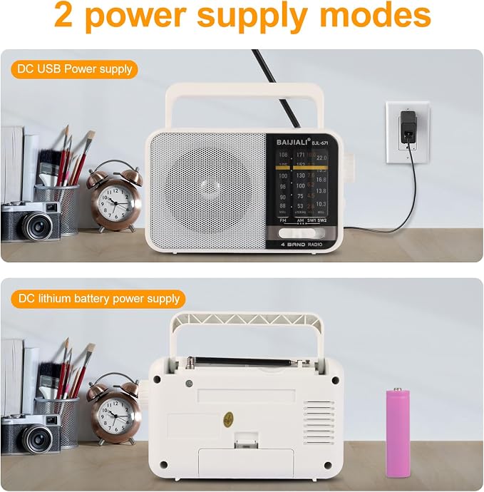 BAIJIALI AM FM SW Portable Radio - Dual Power (Battery/USB) Emergency Receiver with Loudspeaker, Transistor Design for Indoor/Outdoor, Travel & Survival Kit Ready (White, BJL-671)