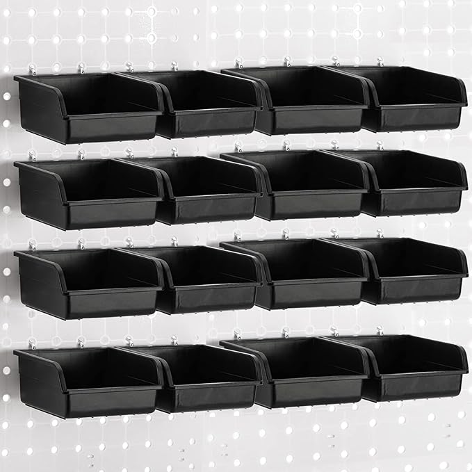 Foraineam 16 Pack Pegboard Bins with Metal Hooks, Black Garage Workbench Bins Cups Peg Board Accessories Kit, Pegboard Tools Organizer for Hardware, Workshop, Craft Room, Tool Shed, Hobby Supplies