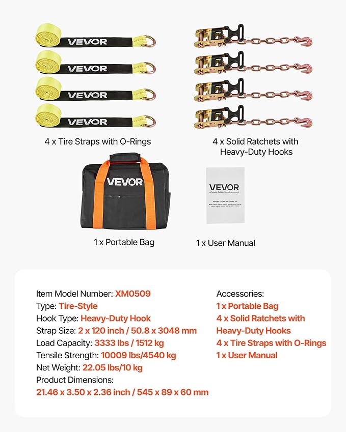 VEVOR Wheel Chock Tie-Down Kit, Tire-Style Tow Dolly Strap, Car Tie Down Kit with Heavy-Duty Hook, Break Strength 10009 lbs & Working Load 3333 lbs Motorcycle System for ATV, SUV, Snowmobiles