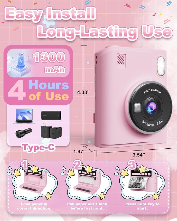 Instant Print Camera for Kids, 1080P Instant Digital Print Cameras for Toddler