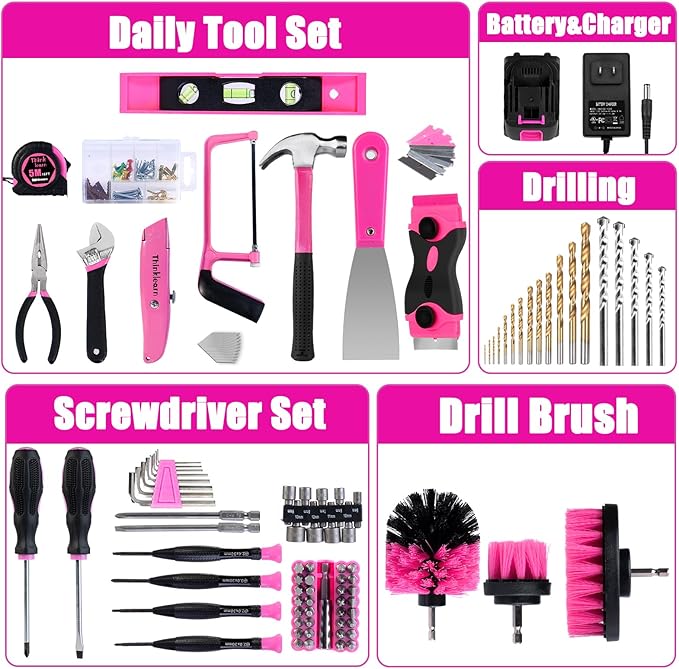 ThinkLearn Tool Kit with 20V Cordless Drill(265in-lbs), Pink Drill Set for Women, Lady's Home Tool Kit for DIY, Daily Repair Tool Set as a Creative Gift with a Large-Capacity Tool Storage Bag