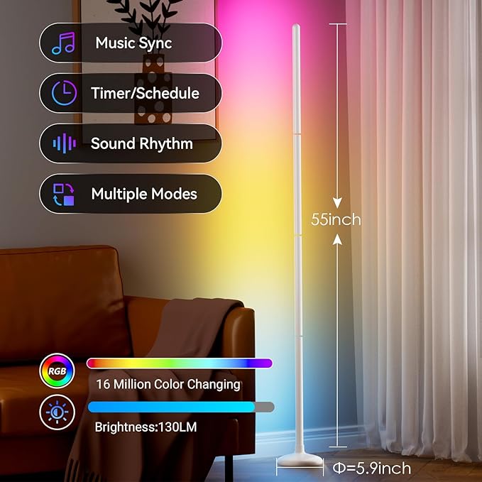 TJOY Smart Floor Lamp for Atmosphere Decoration, RGB Corner Lamp with Music Sync, Crystal Joint Design, APP&Remote Control,Timer, Color Changing Standing Lamp for Room(White,1pack)