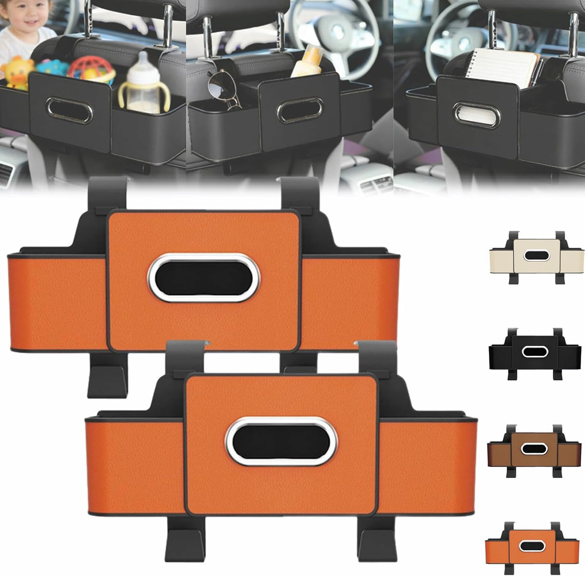 Car Organizer and Storage Box, 3-in-1 Car Seat Back Storage Box, Multifunctional Headrest Backseat Organizer with 2 Cup Holders, Smart Car Organizer for Most Vehicles (2pcs Orange)
