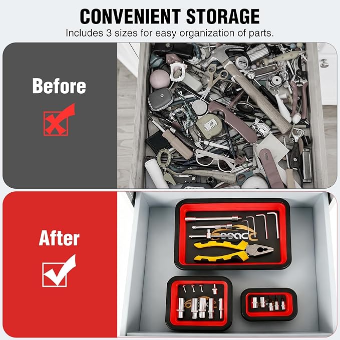 GOOACC 3 Sizes Collapsible Magnetic Parts Tray Set Red Silicone Foldable Tool Trays Organizer for Screws Bolts Nuts Pins Washers and Other Small Metal Parts Double Sided Magnet Base