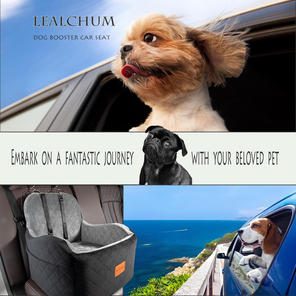 Lealchum Dog Booster Car Seat for S/M Dogs Up to 35lbs,Soft 6in Elevated Cushion,Fits in Front/Back Seat,Fully Detachable and Washable,2 Storage Pockets & 3 Straps,Easy to Install (Black/Brown,Medium)