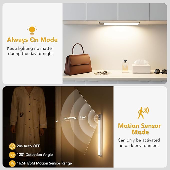 Under Cabinet Lighting, LED Motion Sensor Light Indoor with 3 Color Temps, 1500mAh USB Rechargeable Closet Lights, Dimmable Wireless Under Counter Lights for Stairway, Wardrobe, Kitchen(9Inch, 2 Pack)
