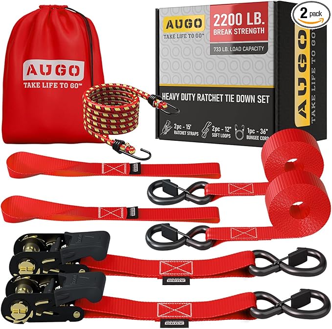 AUGO Ratchet Tie Down Straps -2 PK– 15 FT – 2,200 LB Break Strength – Safety Lock S Hooks –for Moving Cargo, Appliances, Lawn Equipment, Motorcycle – Includes 1 Bungee Cord, 2 Soft Loops, Storage Bag