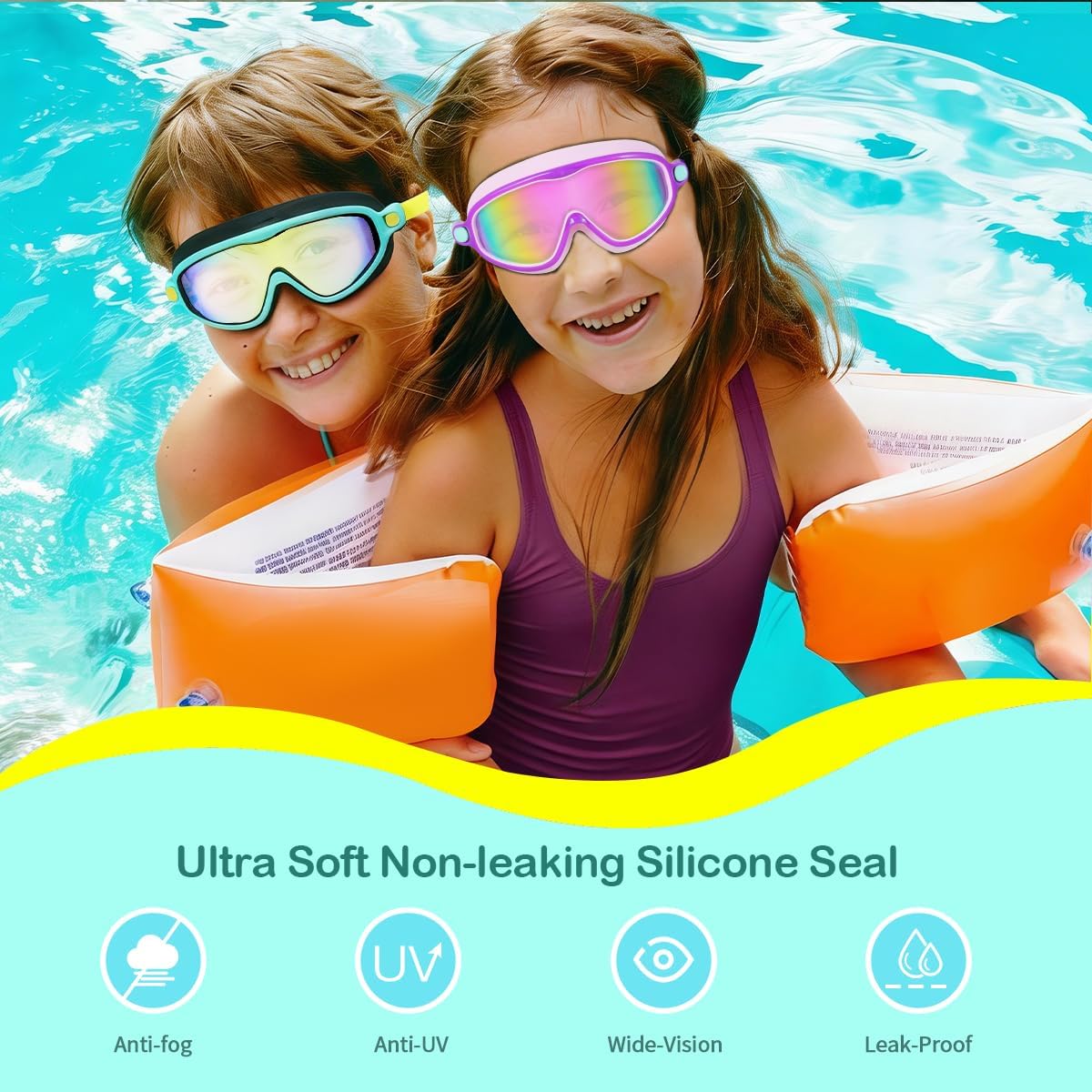 Seago Swim Goggles - 2 Pack Anti-Fog & UV Protection for Kids Ages 3-14 | Wide View Design