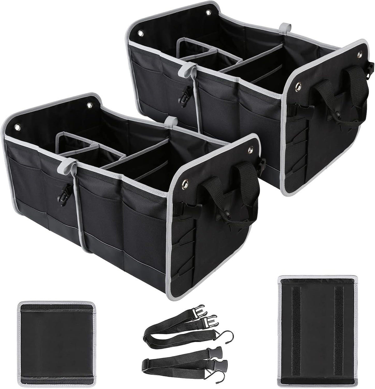 Tahoe Trails 23" Foldable Trunk Organizer for Car Storage, Reinforced Base Plates, Non Slip Bottom, Securing Straps, 11 External Pockets, 2 Pack, Black