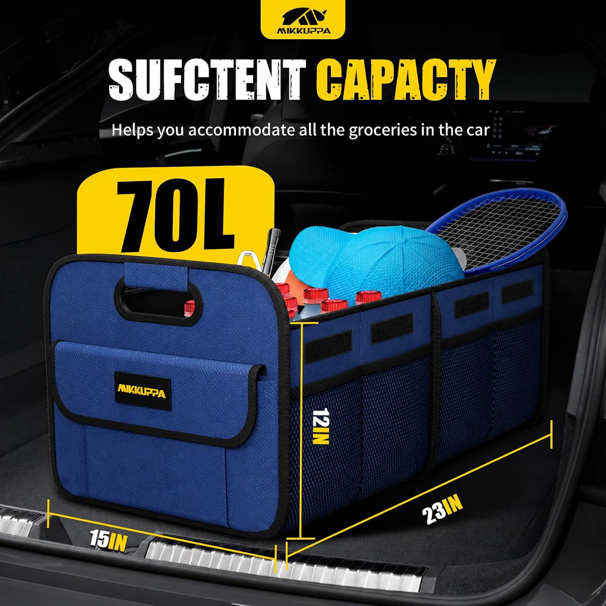 MIKKUPPA Car Trunk Organizer - 70L Collapsible Trunk Organizer with Reinforced Handles for Groceries, Car Storage Organizers for SUV Auto Truck Van with Non Slip Bottom (Blue)