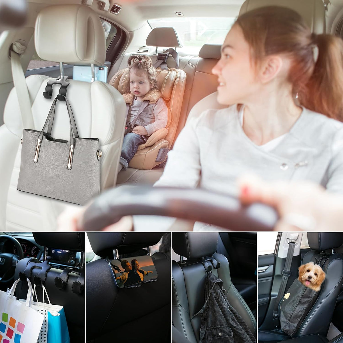 Car Hooks for Purses and Bags,Car Purse Holder Upgraded 2 in 1 Durable Hanger Leather Headrest Hook Car Back Seat Organizer Storage for Purse Car Interior Accessories,2-Pack,Black