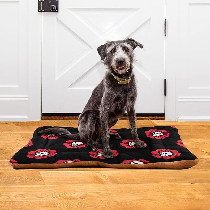 Pet Bed Gothic Skulls Flowers Dog Bed Mat Absorbing Non Slip Pad Pet Sleeping Mat for Small, Medium, and Large Dogs Puppy Cat 36 in x 24 in