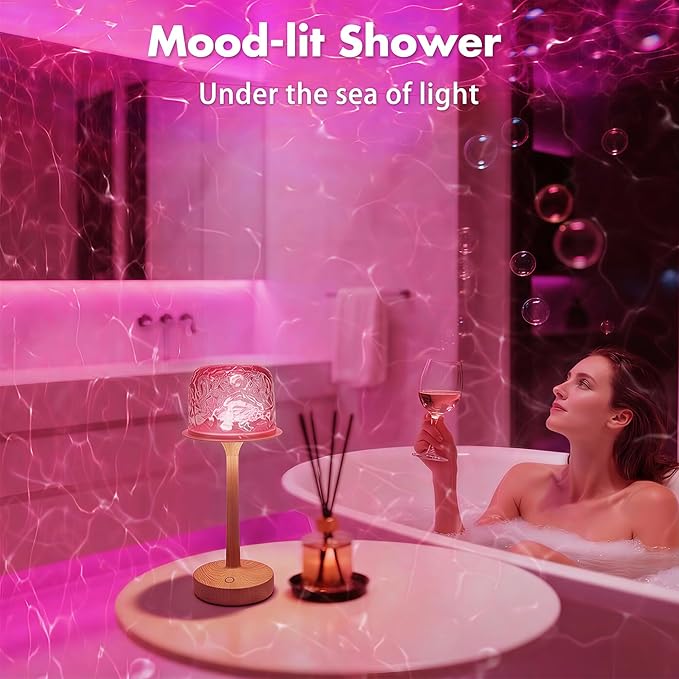 Waterproof Shower Lamp for Inside Shower, Rechargeable Bathroom Lamp with Remote & Touch Control, Cordless Shower Light with 16 Color Changeable, LED Ocean Wave Projector Light for Bedroom, Wood Grain