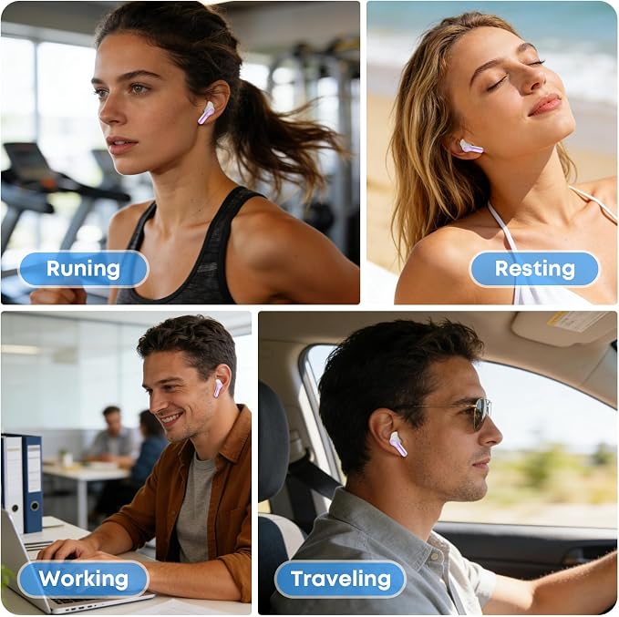 Wireless Earbuds, Bluetooth 5.3 Headphones HiFi Stereo 50H Playback LED Digital Display Ear Buds with ENC Noise Canceling Headset, IPX7 Waterproof Earphones for Gym/Running/Work(Light Purple)