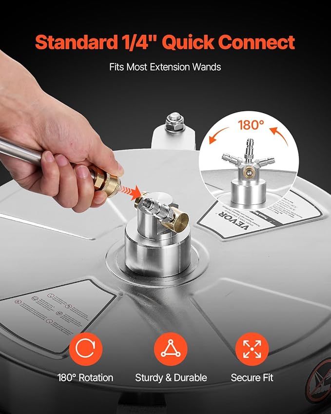 VEVOR 16.5 Inch Pressure Washer Surface Cleaner, 4000 PSI Stainless Steel Attachment with 4 Wheels, 2 Nozzles, 1/4 Inch Quick Connect and 2 Wands for Concrete, Patio, Deck