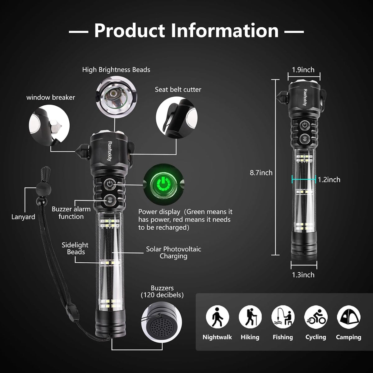 Emergency Flashlight with Window Breaker and Seatbelt Cutter, LED Flashlight, flashlights high lumens，Strobe sos Beacon，Mobile Power，Alarm Rescue，for car，Outdoor，Hiking, Fishing, Dog Walking