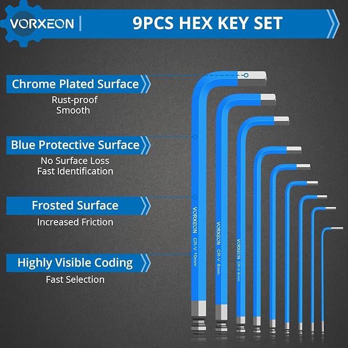 9 PCS Blue Allen Wrench Set Hex Keys 1.5-10 mm Metric Long Ball Flat End Cr‑V and S2 Steel L-key with Visible coding for Handyman DIY Bike Auto Repair Tools
