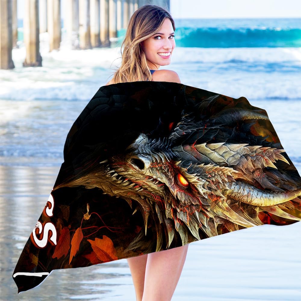 Personalized Dragon Beach Towel - Custom Black Dragon Design | Large Bath Towels for All Ages