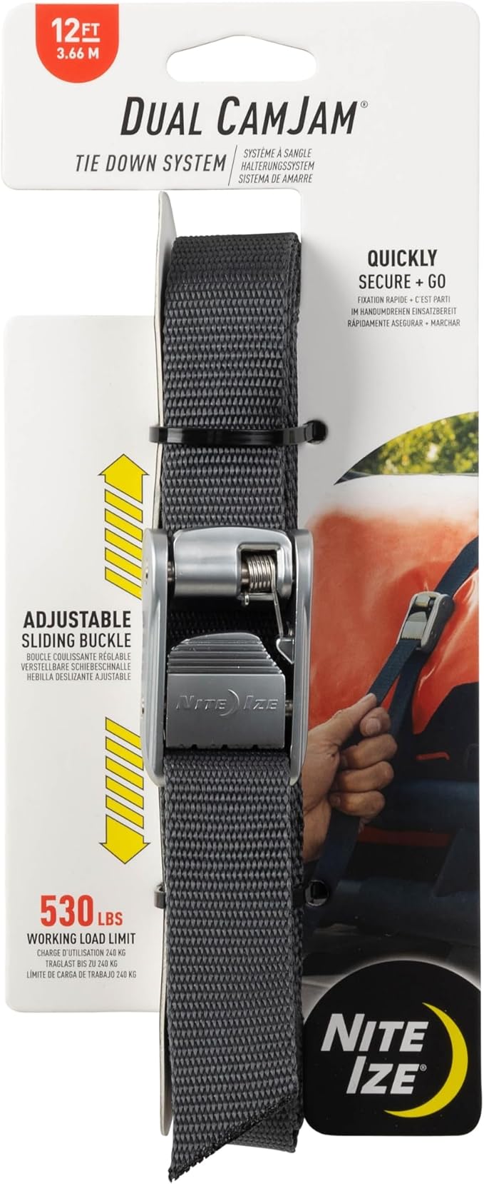 Nite Ize Dual CamJam Tie Down System - Ratchet Straps - Straps for Trucks & Cars - Luggage Strap for Camp Gear - Tie Down Moving Supplies - 12 ft, Black