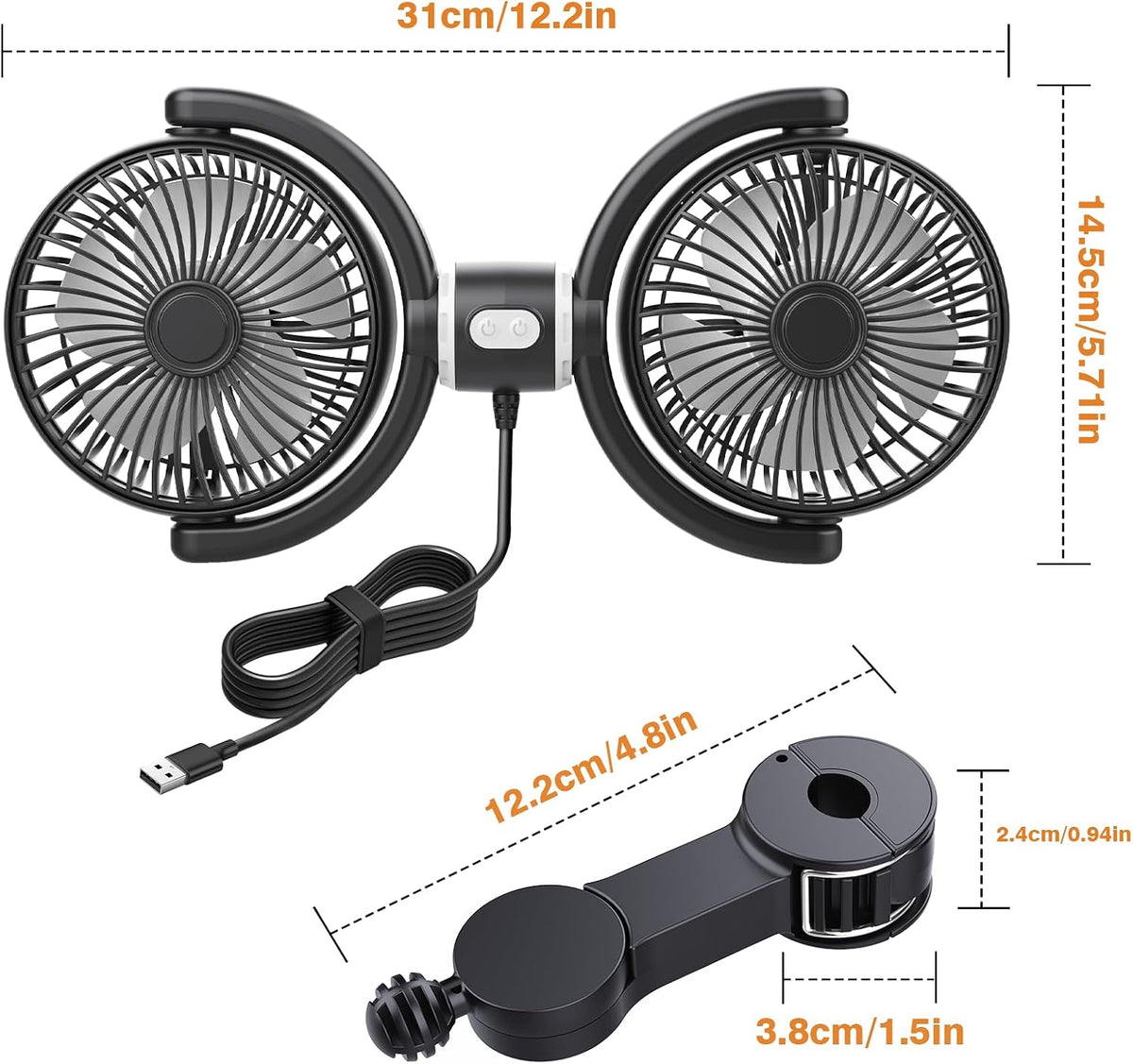 Car Fan USB Powered for Baby: Dual Car Cooling Fans for Backseat 3 Speed Separate Controlled Quiet Brushless Motor 360° Rotatable 5V 2A Rear Seat Air Circulation for Vehicle Van Truck SUV RV(USB Plug)