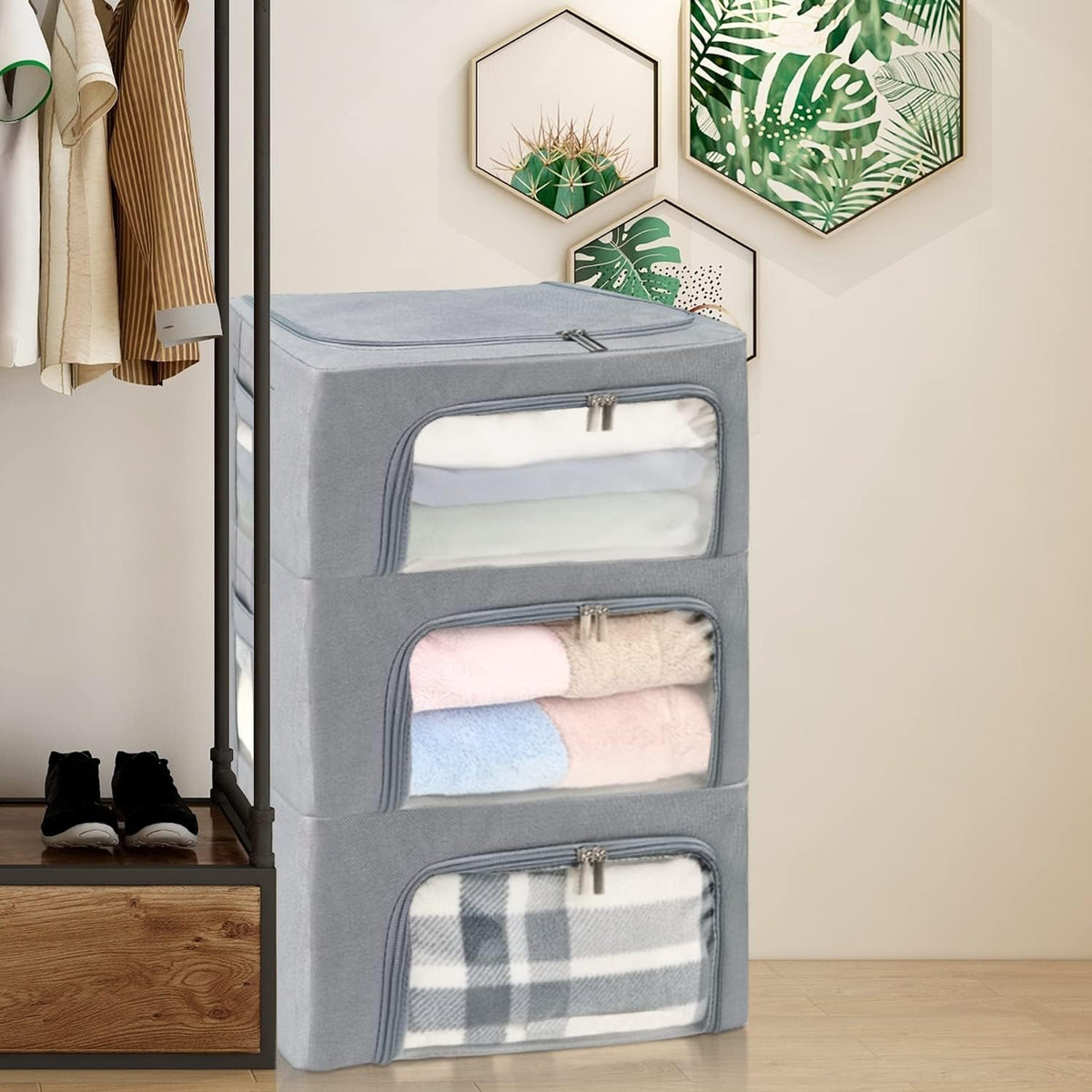 Clothes Storage Box Bins Stackable Foldable Organizer,Sturdy Handles with Metal Frame for Clothing Bedding Shelves,Closet Container with Clear Window Zipper and Label Holder (Gray, 22L x3 Pack)