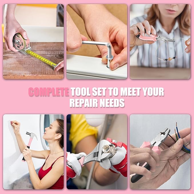 Sundpey Home Tool Kit with Drill - 206PCs Pink Tool Kit with 12V Cordless Power Drill for Household Repair - Portable Basic Pink Tool Box for Women with DIY Hand Tool Set(Screwdrivers & Pliers)