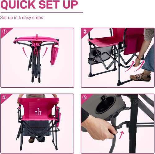Ever Advanced Camping Chair - Portable Folding Directors' Chair with Side Table & Pocket | Heavy Duty, 400lbs, Pink