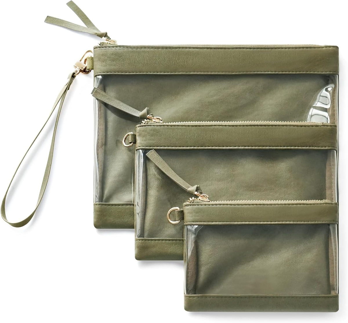 Popvibe 3 Pack Clear Travel Bag for Toiletries Clear Makeup Bag Organizer Pouch for Purse with Zipper Clear Toiletry Bags for Traveling Cosmetic Pouch Car Essential Bag for Women, Olive Grey