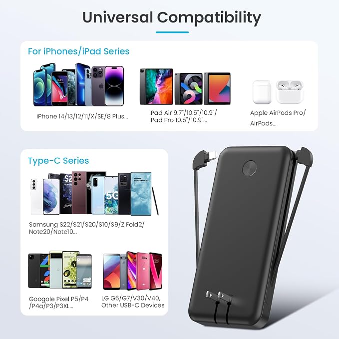 Portable Charger for iPhone with Built in Cables & Wall Plug,10800mah Travel Essentials Power Bank,4 Output LCD Display External Battery Pack Phone Charger for iPhone 17/16/15/14,Galaxy,Android etc