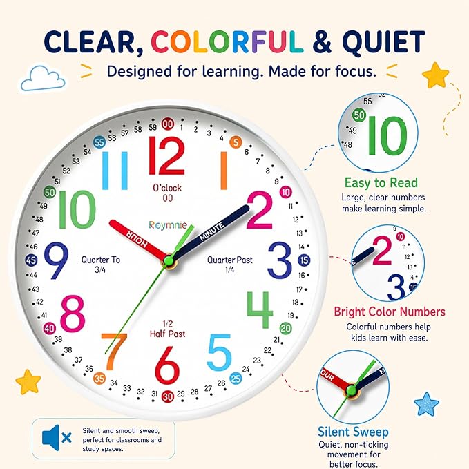 Roymnie Wall Clock 8 Inch for Kids Learning to Tell Time Easily Non Ticking
