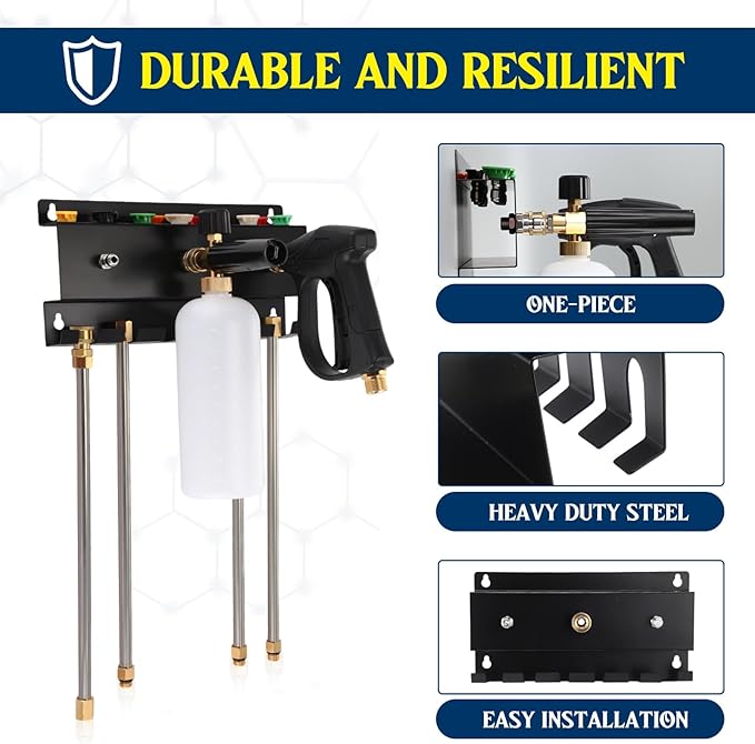 DoubleFill Pressure Washer Gun Holder, Wall Mount Foam Cannon Holder, Car Wash Accessories Organizer for Wand/Nozzle Tips, 1/4'' Pressure Washer Accessories Storage Rack(Black)