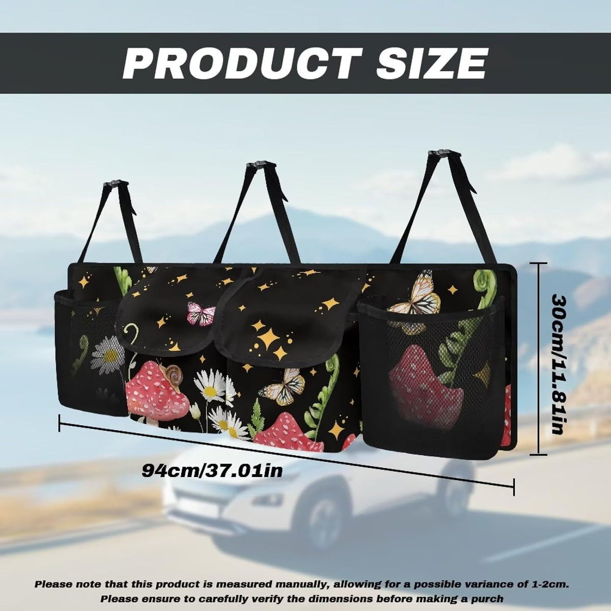Butterfly Mushroom Car Backseat Trunk Organizer Daisy Stars Hanging Cargo Bag Multipurpose Trunk Storage Bag with 3 Adjustable Buckles
