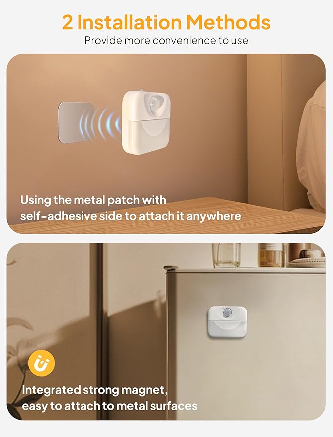 2 Pack Rechargeable Motion Sensor Stair Light for Indoor,Warm White LED Night Light,Wireless Stick on Anywhere Hallway Lamp,Motion Activated Lamps for Step, Cabinet, Hallway, Bathroom