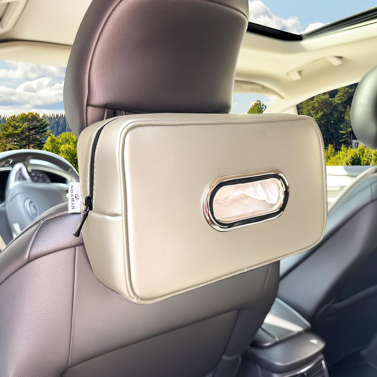 Noaman 2Pack Car Tissue Holder Leather, Car Kleenex or Napkin Holder Beige