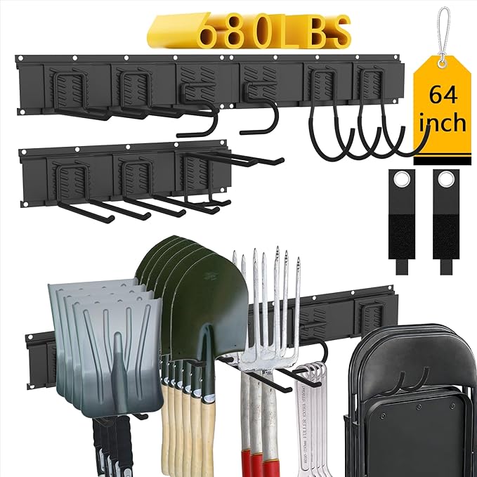 CBWLWJ Garage Tool Organizer Wall Mount, 64 inch Garage Wall Organizer, 680lbs Sturdy Garden Tool Organizer with 9 Adjustable Hooks, for Yard, Shed, Basement, Workshop(Black)