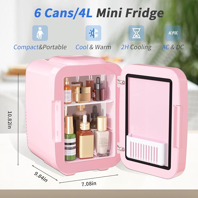OSTBA Skincare Fridge Mini Fridge for Bedroom with Dimmable LED Mirror, 4Liter/6 Cans Cooler and Warmer for Makeup, Cosmetic, Beauty, Portable Refrigerator for Bedroom, Vanity, Office and Car